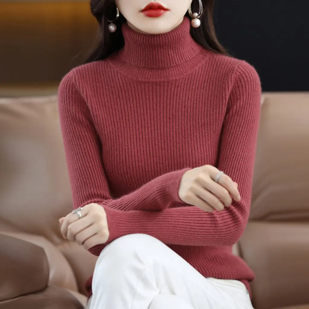

Элегантный вязаный шерстяной свитер с высоким воротником, облегающий полосатый топ, простой стиль, однотонная базовая рубашка для женщин