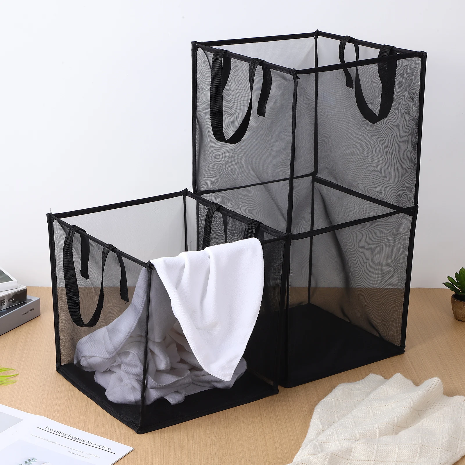 

2pcs Laundry Baskets Double Layer Black Mesh Hamper Collapsible Storage Large Capacity Polyester Lightweight H
