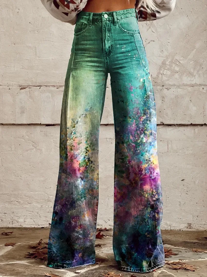 

American retro fashion women's high-waisted printed wide Akihabara retro wide-leg pants for streetwear, 2025