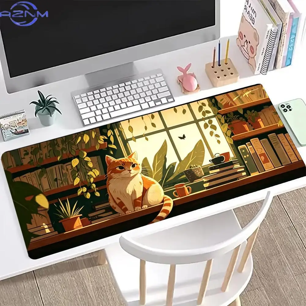 Cozy Library Cat Mouse Pad Computer Accessories Office Game Table Mats Rubber Anti-slip Gaming Keyboard Mousepad Desk Pads 40X90