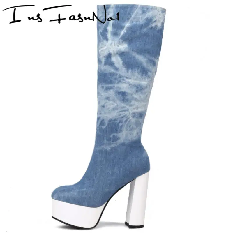 

Denim Side Zipper Chunky High Heels Thick Sole Platform Knee High Women Long Boots Round Toe Fashion Party Sexy Ladies Shoes