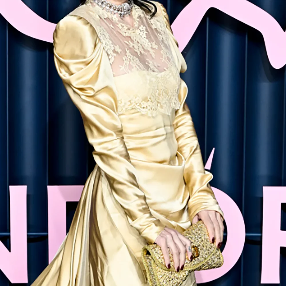 Elegant Gold Lace Ruched Full Sleeve Mermaid Formal Evening Dresses Celebrity Dress Customzied