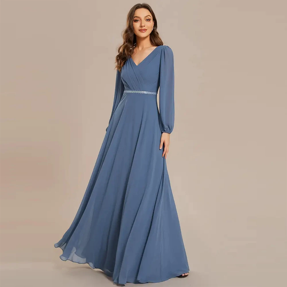 BAZIIINGAAA Party Dress Elegant waisted chiffon V-neck long sleeve guest dress Evening dress
