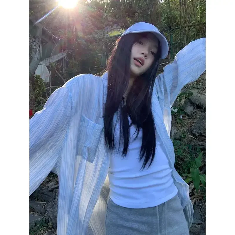 

Blue Striped Women's Shirts Long Sleeve Korean Fashion Blouses Loose Casual Commute Summer 2025 Thin