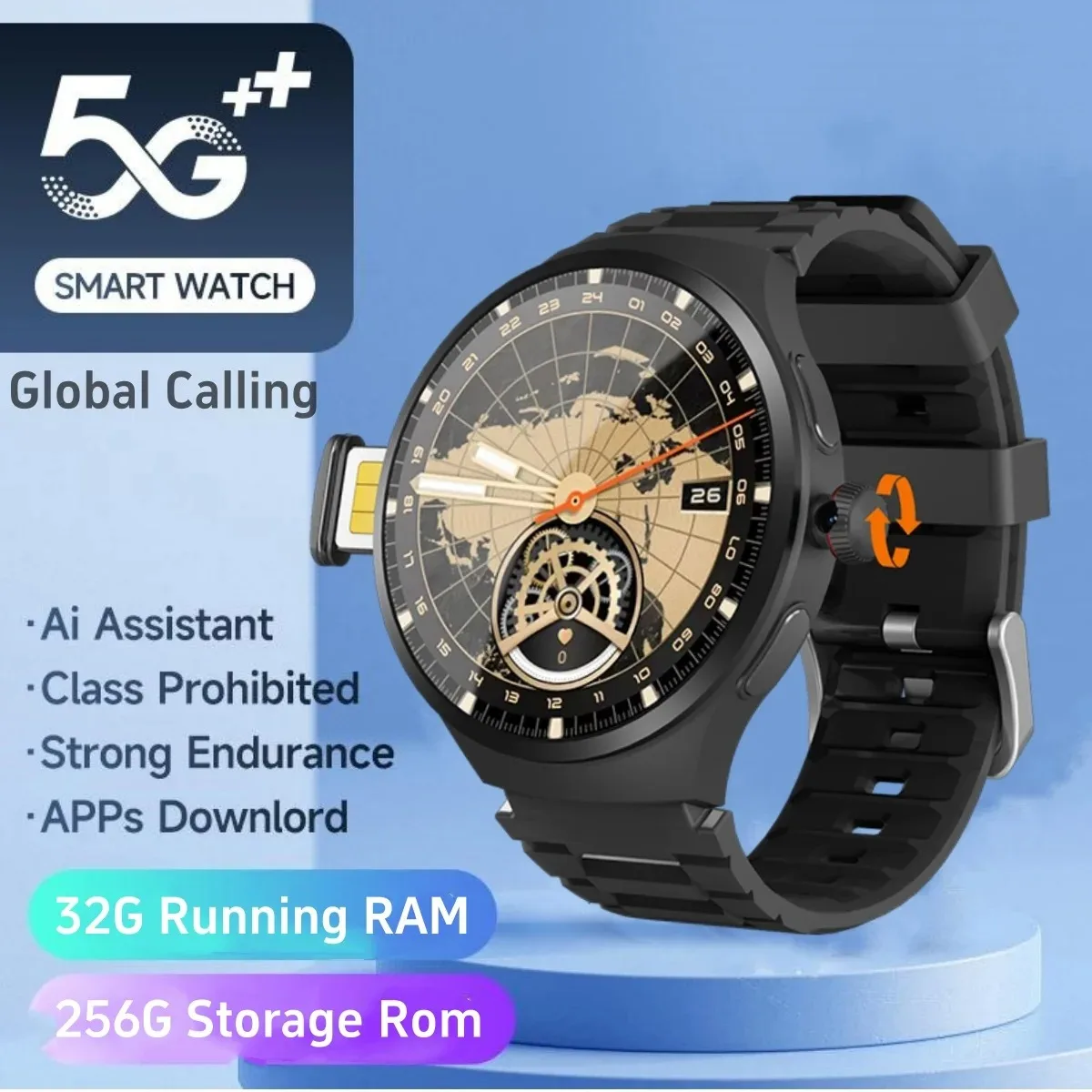 

Смарт-часы 2025 года 4G 5G LTE Android 10.0 180 ° Поворотная камера, 256 ГБ, хранилище, приложение Google Play, загрузка GPS, WIFI, умные часы с пульсометром