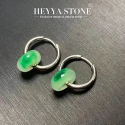 HEYYA STONE Natural Green Jade Hoop Earrings Simple Classic Round Circle Gemstone Jewelry Handmade Stainless Steel