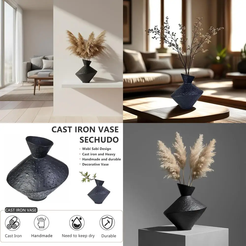 

Чугунная ваза ручной работы, матовая черная, высота 22,5 см, для сухоцветов или пампасной травы, дизайн ваби-саби, идеально подходит для современного и деревенского интерьера