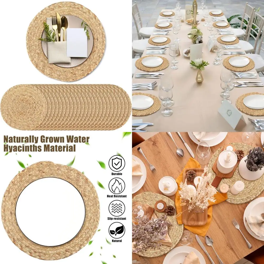 

Natural 13.5-Inch Woven Water Hyacinth Placemats Set of 24, Handcrafted Bohemian Rattan Wicker Weave Table Mats