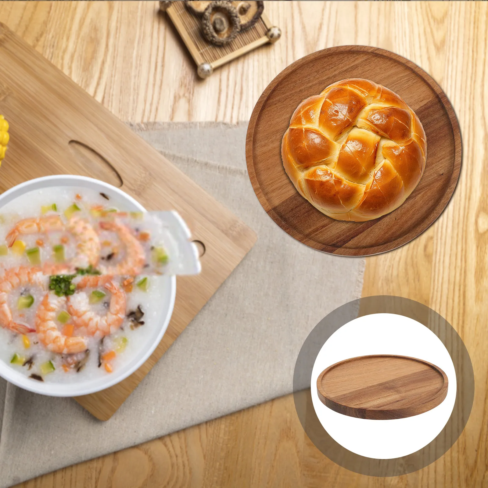 Wooden Decorative Kitchen Turntable Storage Tray Table Bread Tray Countertop Pantry Tray Round Tea Serving Tray Breakfast Plate