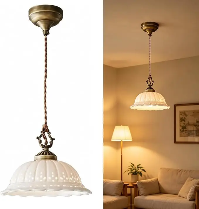 Brass Ceramic Pendant Light Adjustable Cord Pendant Lamp Retro Flower Decoration Chandelier Bedroom Foyer Lighting Fixtures