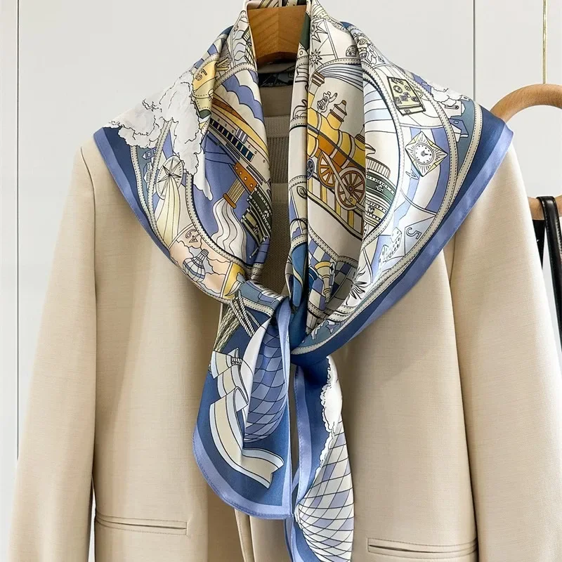 88x88CM 100% MULBERRY SILK 14MM Twill Silk Square Scarf Vintage World Travel Hot Air Balloon Print Luxury Wrap Shawl Women Gift