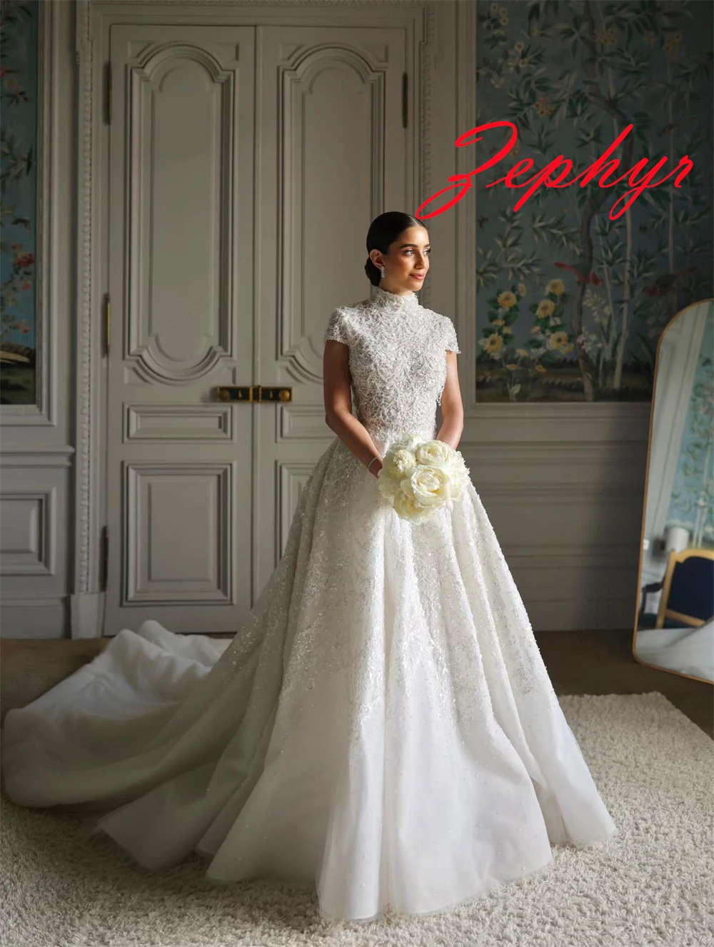 

Customized Exquisite White Organza Wedding Dress Elegant High Neckline Short Sleeves Bridal Gowns Chapel Train Zipper Back Dress