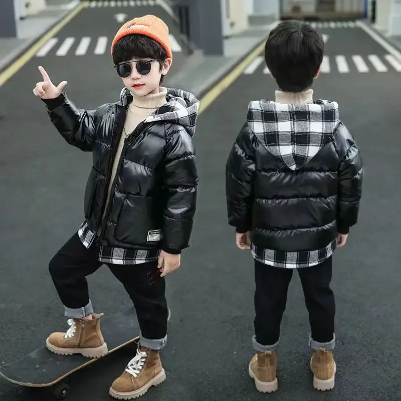 4-12Y Big Boys Jacket Winter New Glossy Waterproof Thick Warm Patchwork Plaid Outwear Teen Kids Fashion Hooded Zipper Parkers