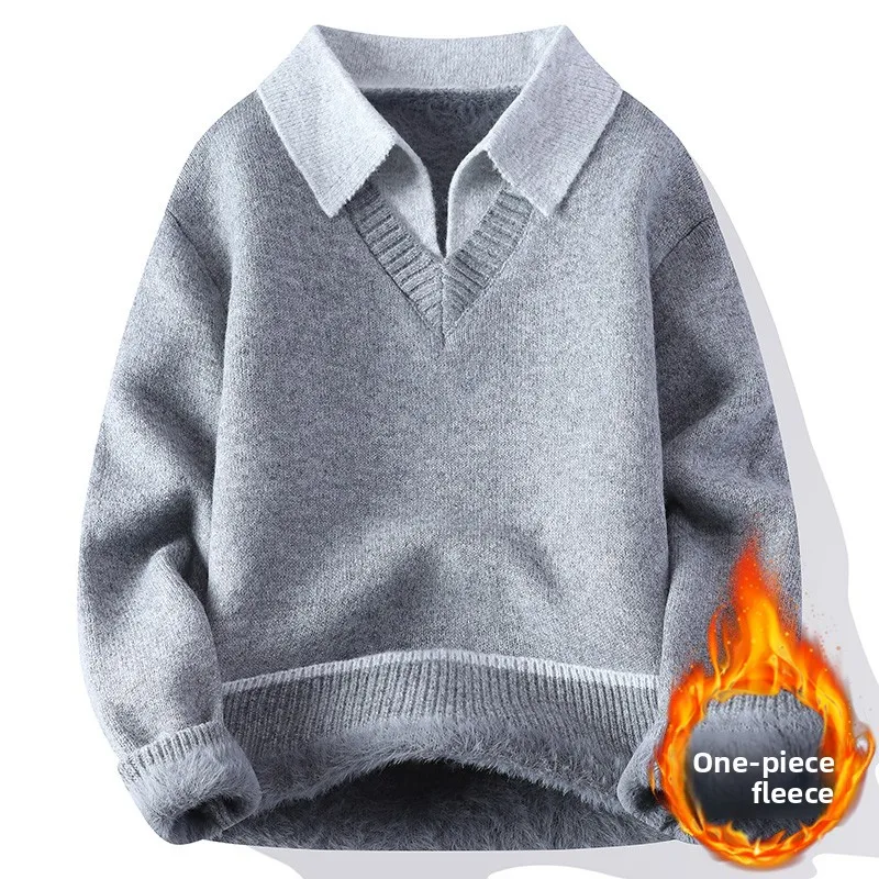 

Мужской вязаный свитер Thiened Fce, повседневный, свободного кроя, с воротником, имитация двухслойности, теплый, зимний, новый, из полиэфирного волокна, мягкий, комфортный.