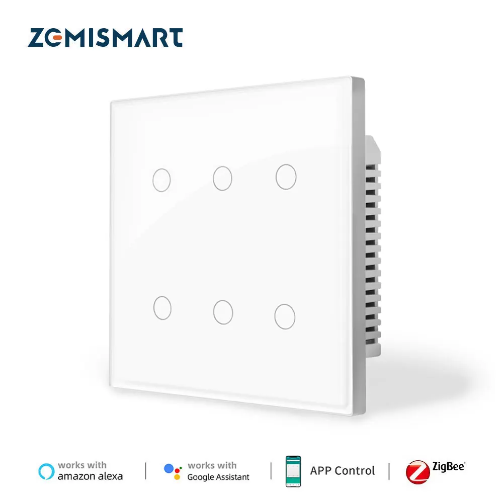 Zemismart Zigbee 6 Gang Touch Wall Light Switch 4x4 with Neutral Smart life Interruptor with Glass Touch Panel Alexa Google Home