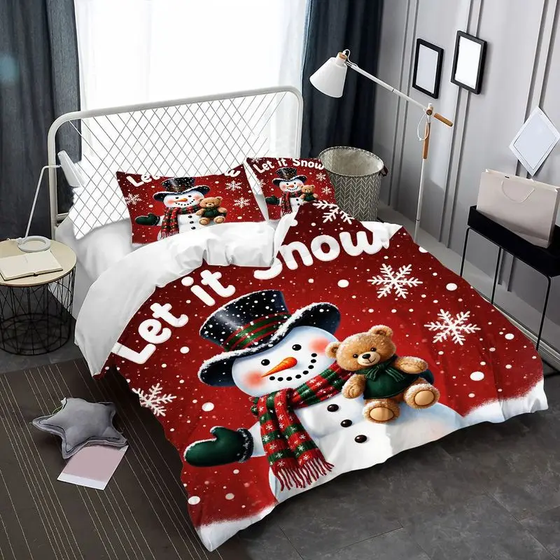 Christmas Snowman Bedding Set, 1 Duvet Cover + 2 Pillowcases (Without Filling), Romantic Style, Christmas and New Year, Suitable for All Seasons, Machine Washable, Invisible Zipper, Suitable for Master Bedroom, Home, Guest Room, Three-Piece Bedding Set