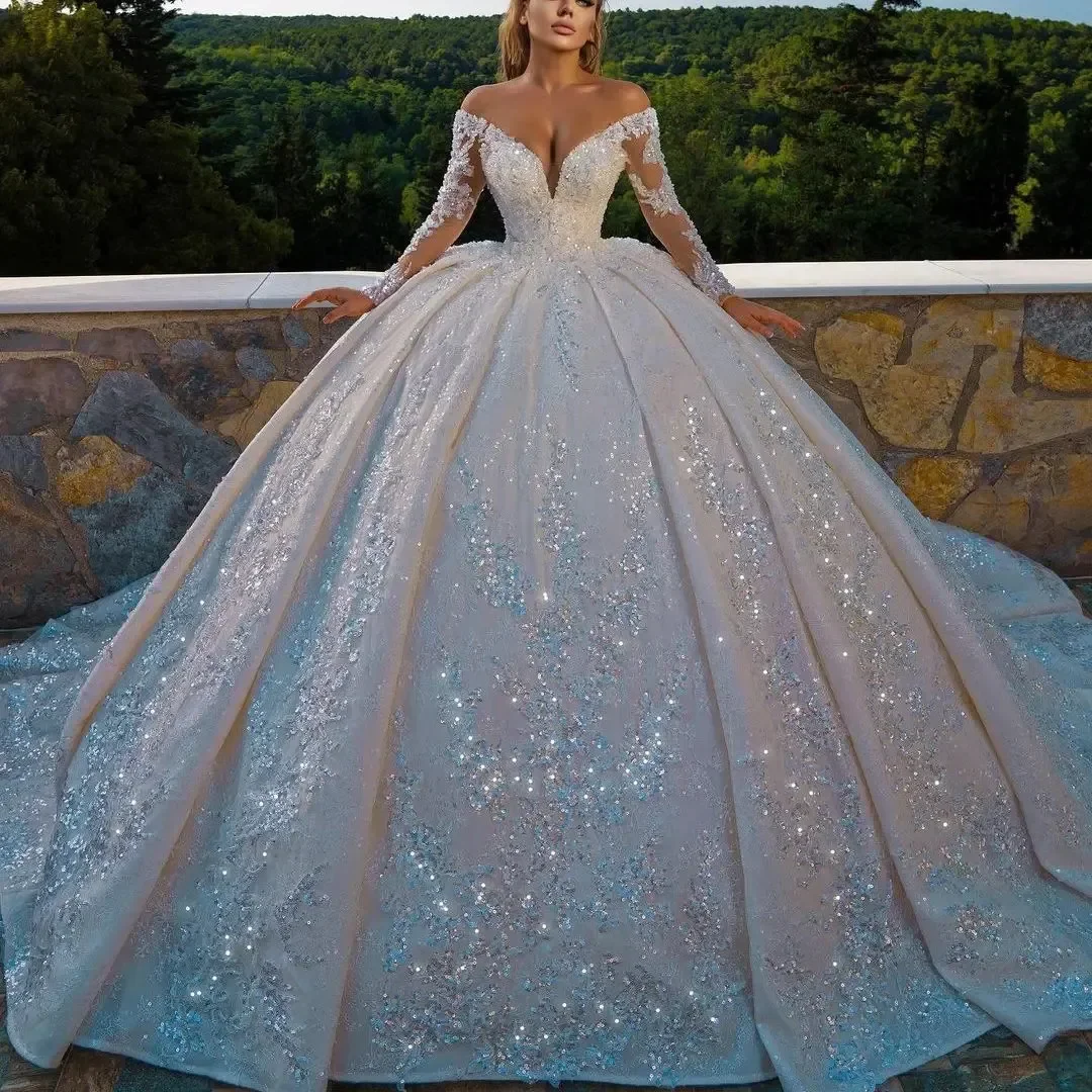 Vestidos de novia de princesa con cristales de lujo, vestido de novia con hombros descubiertos, manga larga, lentejuelas brillantes con cuentas, encaje, 2025