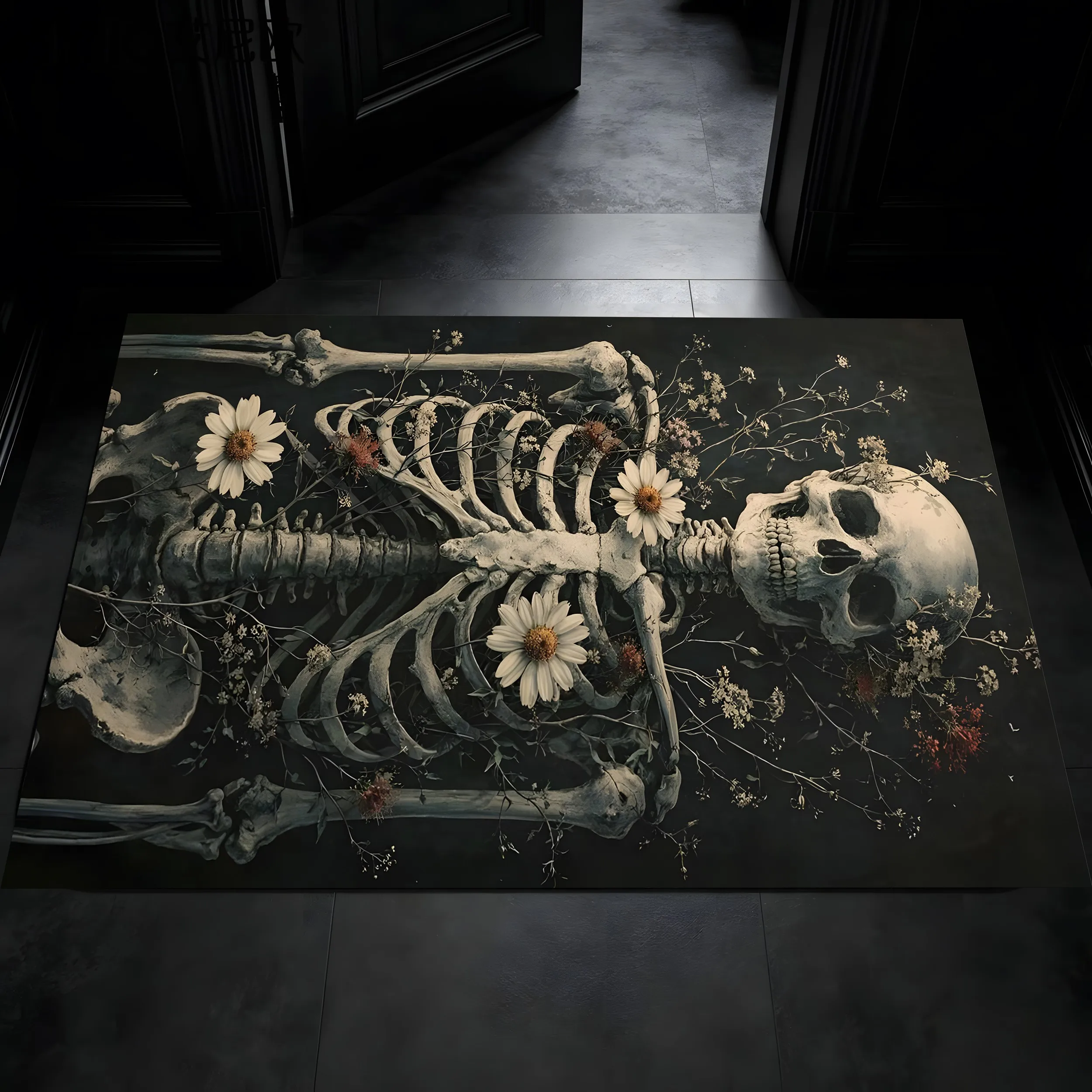 Daisy Skull Print Dark Gothic Halloween Velvet Rug for Living Room Bedroom Gaming Room Trendy Personalized Decor