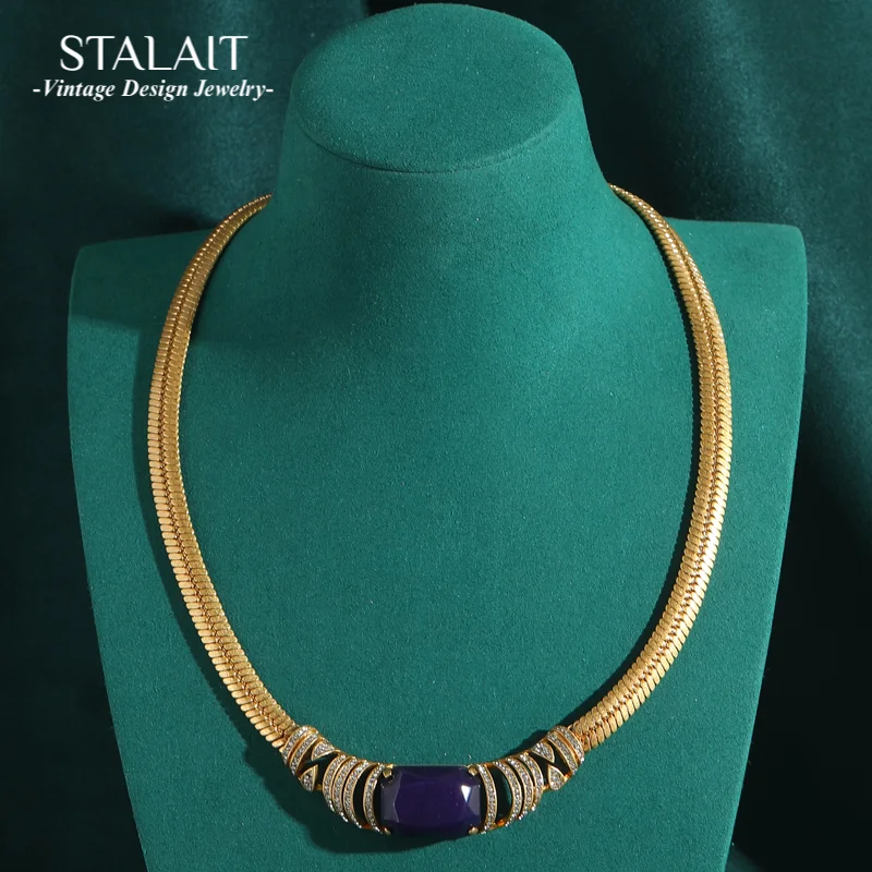 

Vintage Snake Necklace Collar Choker For Woman Square Lapis Lazuli Rhinestone Gold Color Luxury Designer Jewelry 2025 New