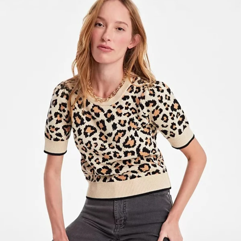 

Women's 2025 New Leopard Print Knit Sweater Round Neck Short Sleeve Pullover T-Shirt Casual Stretch Tops Fashion Y2K Style