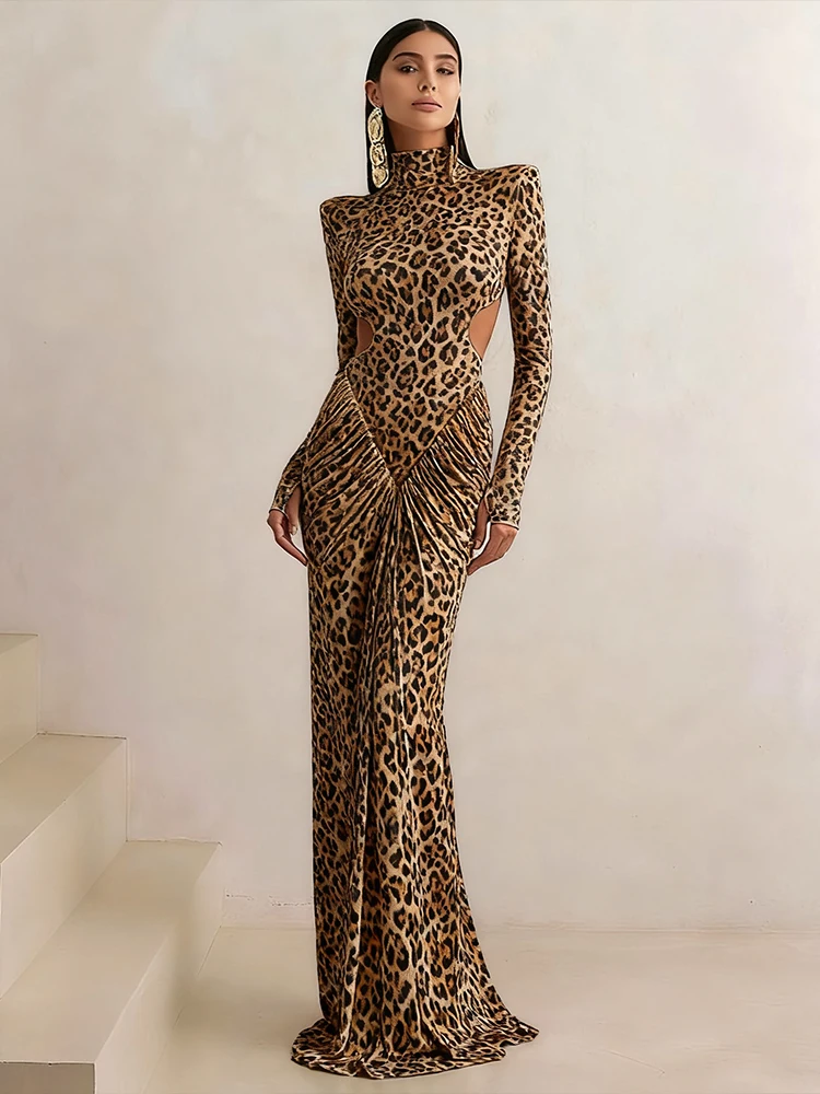 Nibber Leopard Print Maxi Dress Women Backless Full Sleeve Turtleneck Peach Butt Folds Skinny Fashion Elegant Banquet Vestidos
