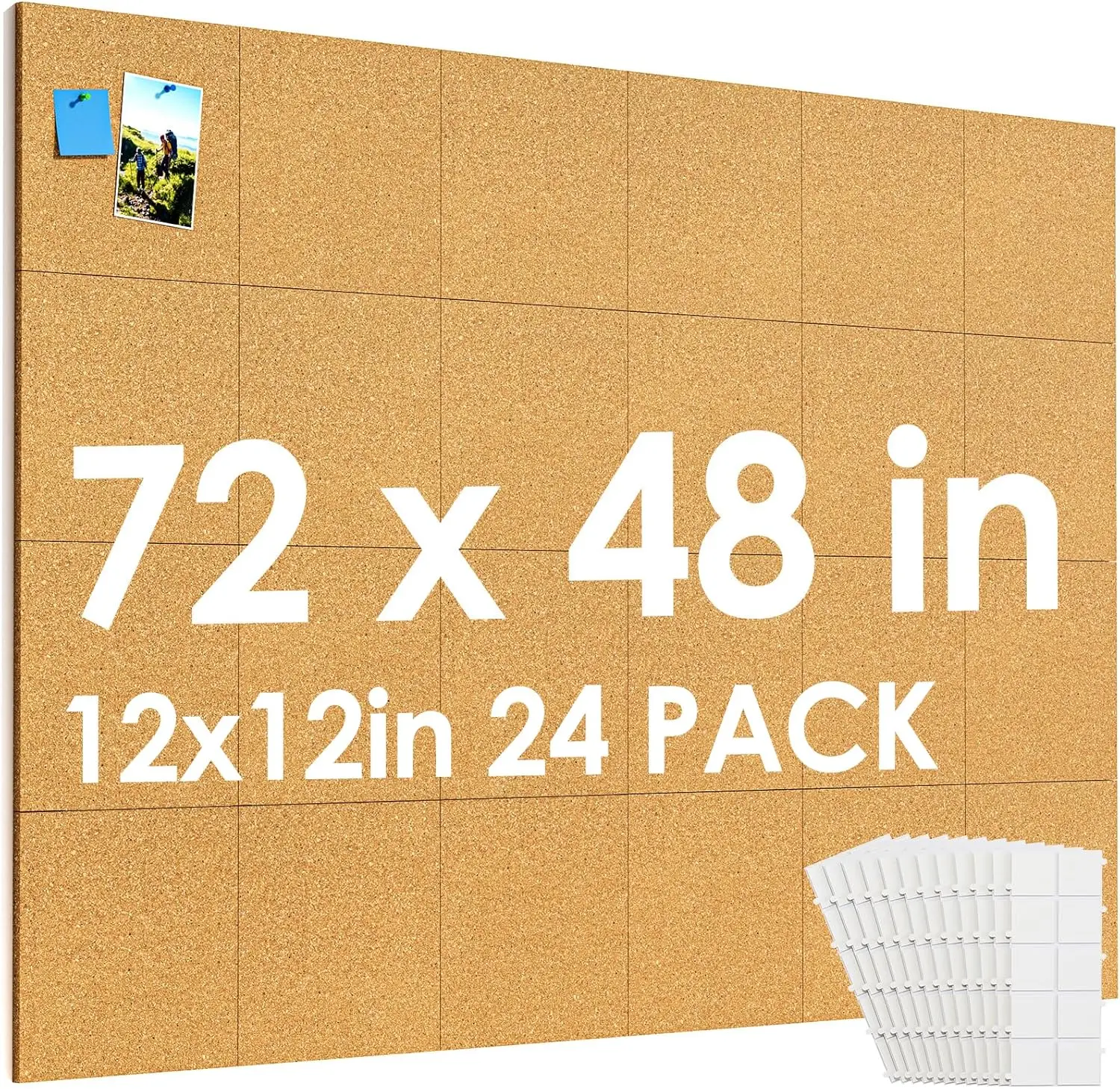 

24 Pack Cork Board Tiles 12x12 with Pushpins and Adhesive Tabs for Wall, Office, School, Home