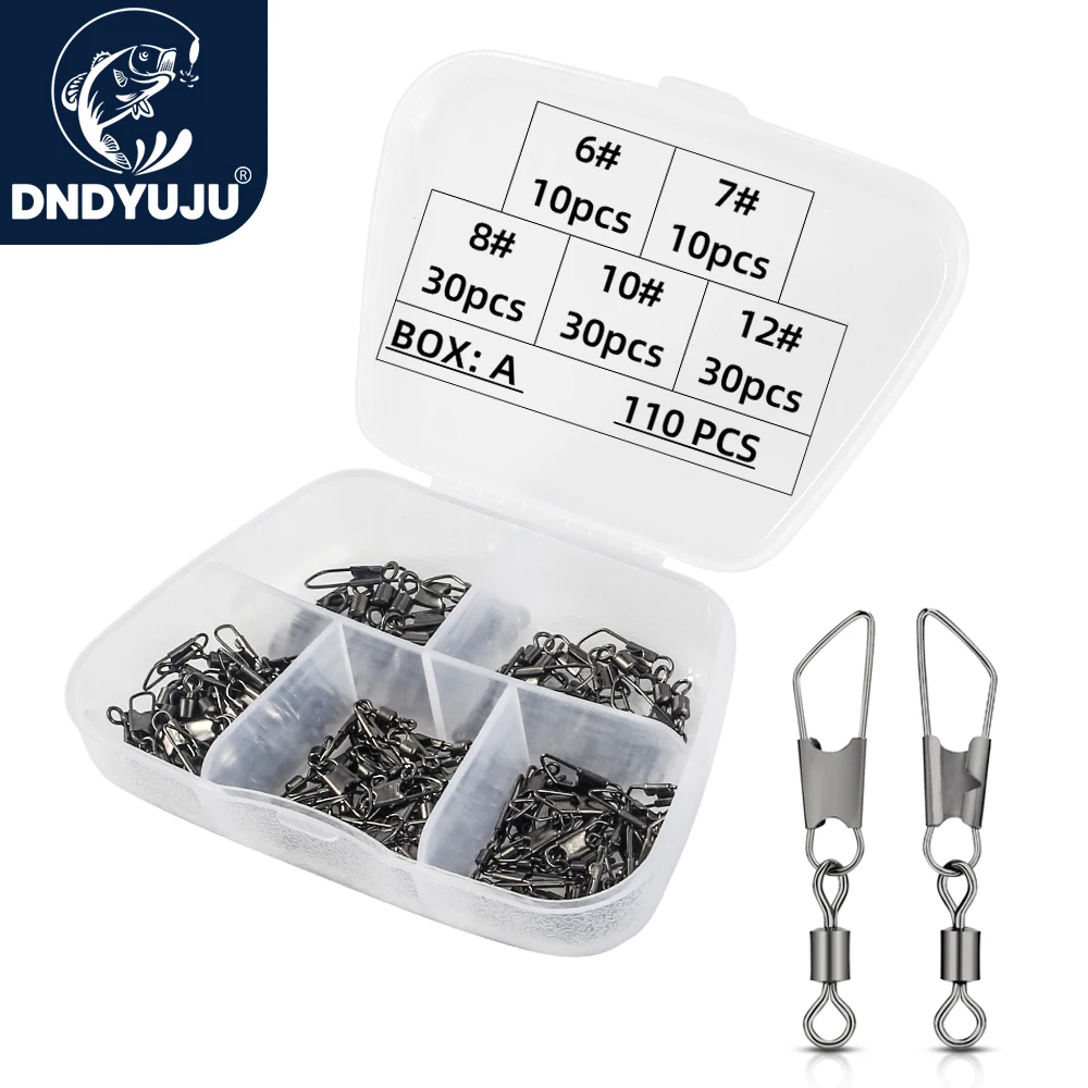 DNDYUJU 110pcs/box Fishing Swivel Bearing Rolling Swivel With Safety Stainless Steel Snap Fishing Hook Carp Fishing Accessories