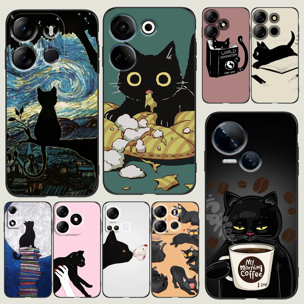 Black tpu Case For itel A60 P40 VISION 5 A18 S18 INFINIX SMART 7 PLUS 7HD HOT 30 30I PLAY NOTE Cartoon Black Cat