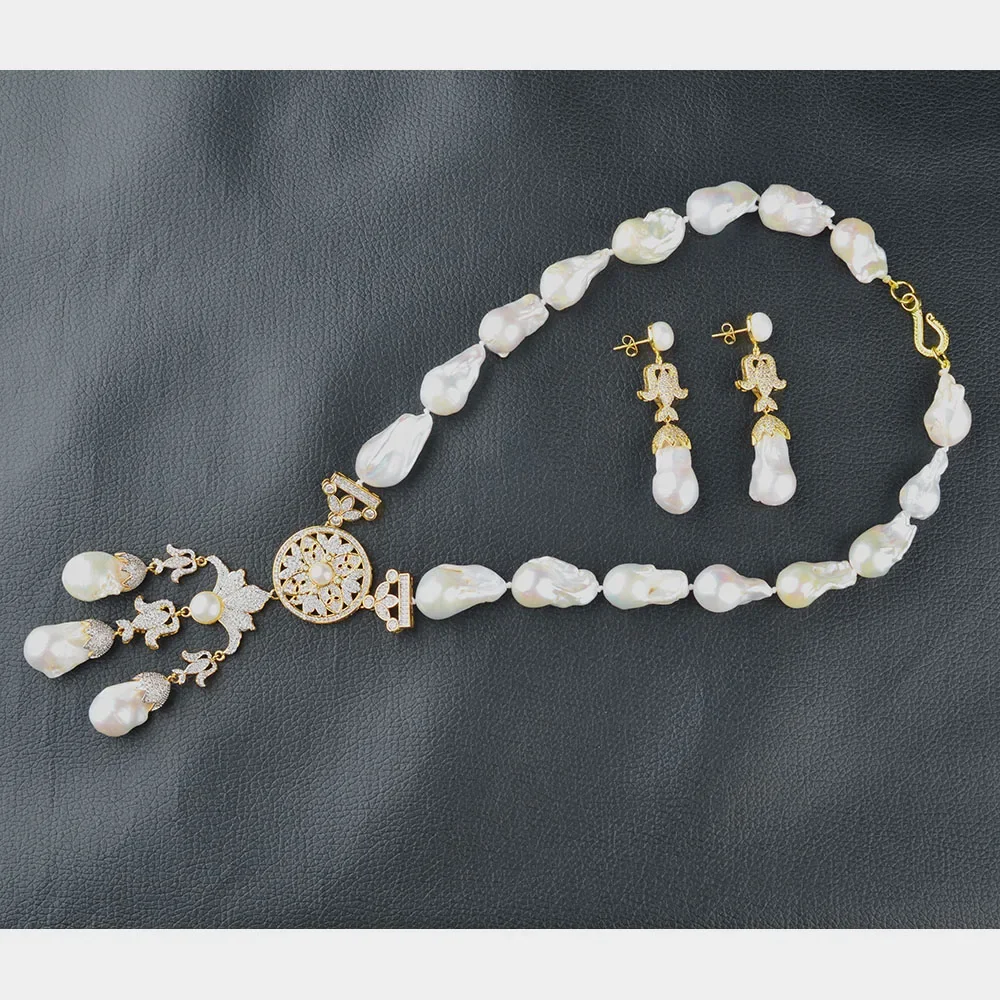 

20" Gold Plated CZ White Keshi Pearl Necklace Earrings Sets