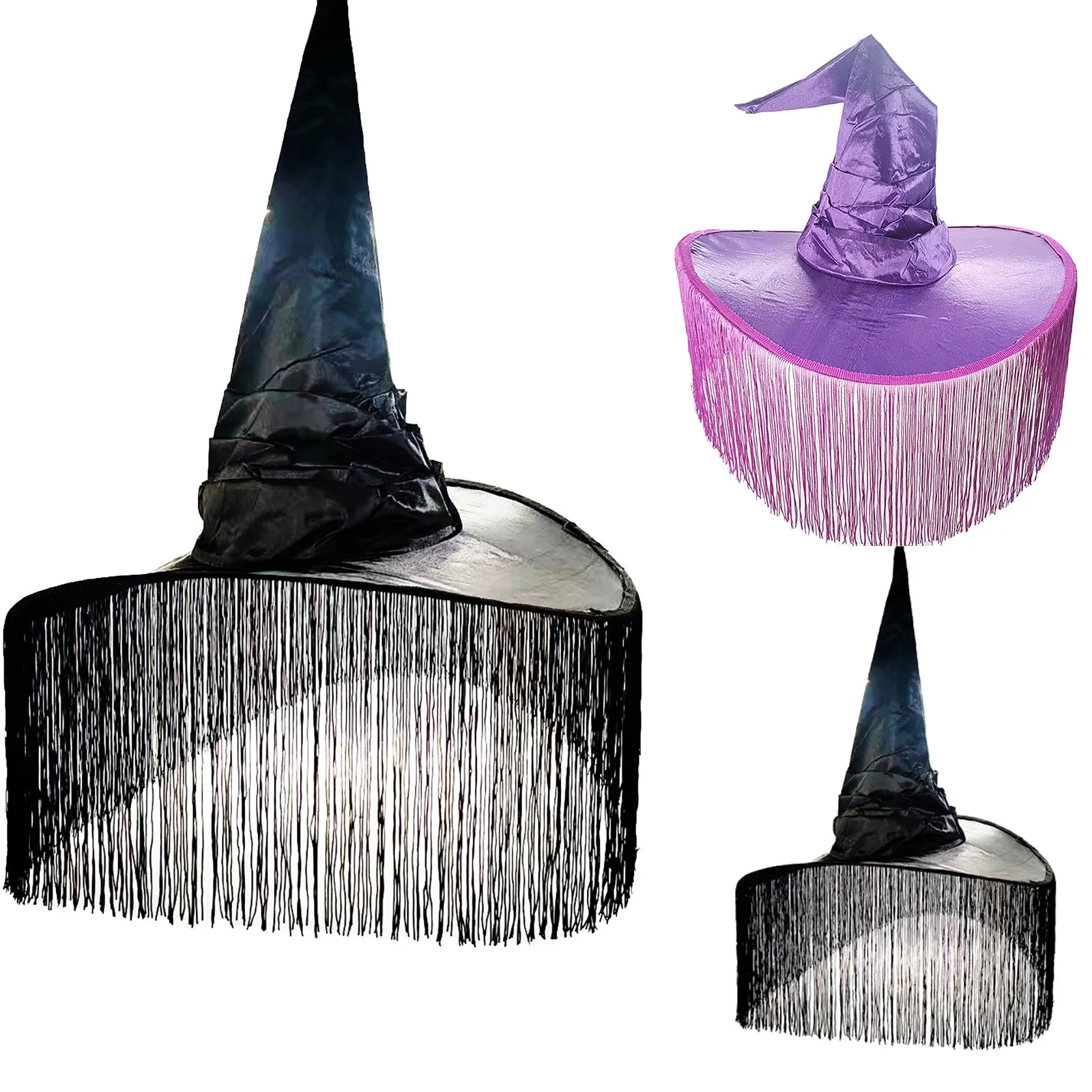 

Women Costume Witch Pleated Wizard Hat Halloween Party Headwear Witch Hat Tassel/Lace Brim Hats Holiday Headdress Cosplay Prop