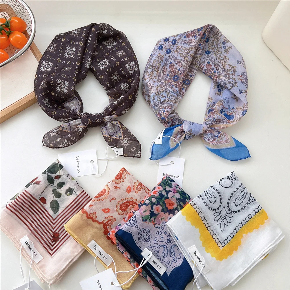 55cm Ladies Cotton Flower Print Square Scarf Women Fashion Sweet Pink Bandanas Head Hair Accessories Turban Hairband Headband