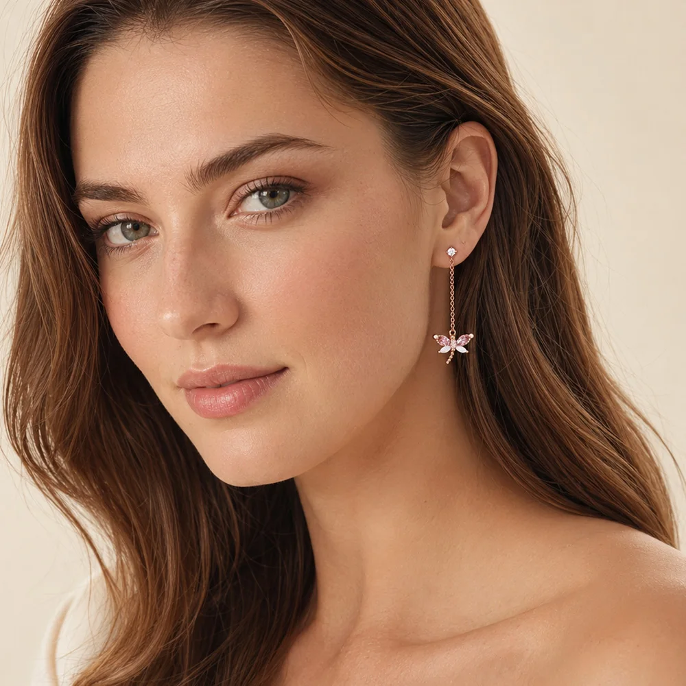Libelle mit Steinen, Roségold-Tropfenohrringe, Europa, edler Schmuck für Frauen, brandneues süßes Geschenk aus 925er Sterlingsilber – Detail 2