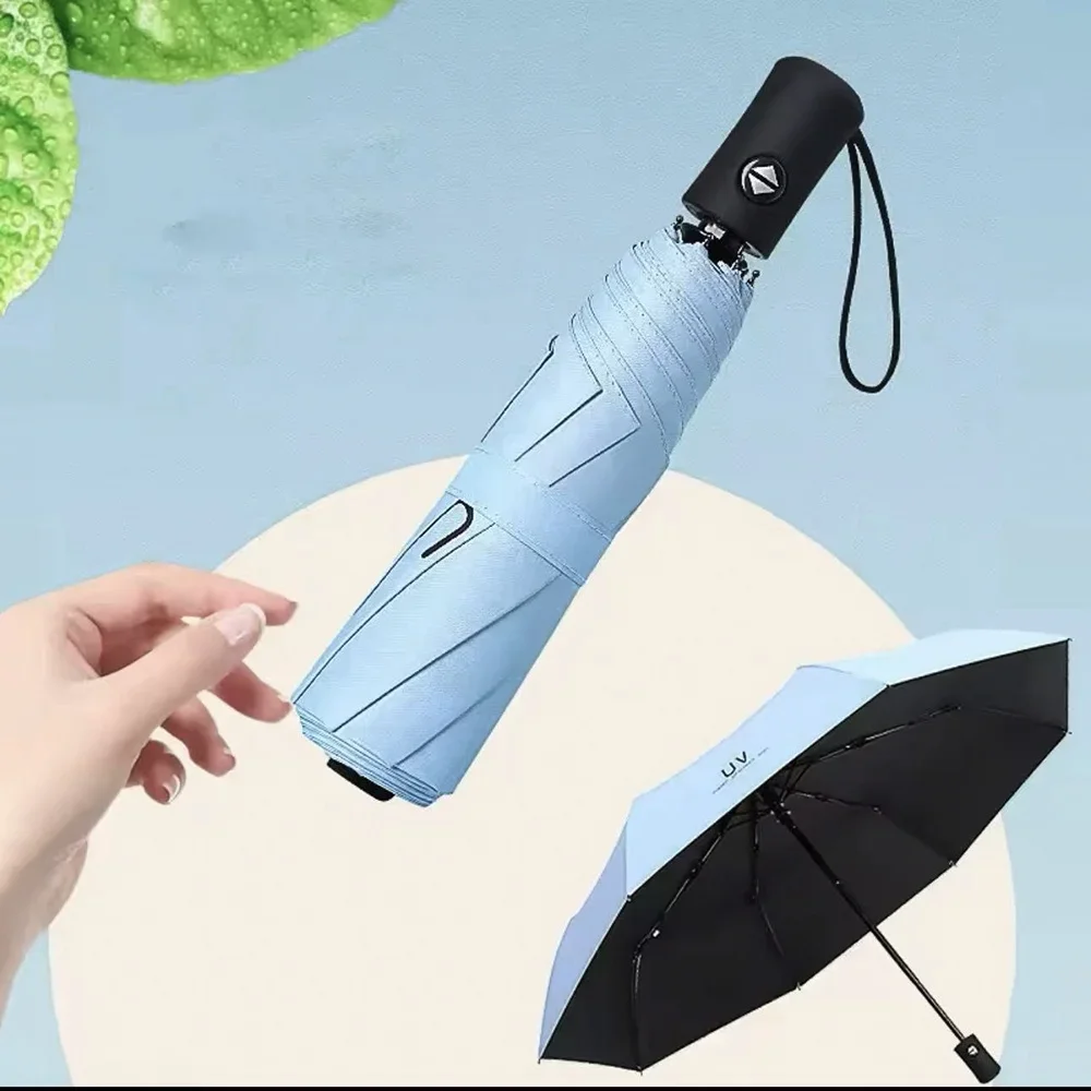 Sombrilla automática portátil con mango azul, sombrilla plegable para lluvia, impresión púrpura, viaje, Doble