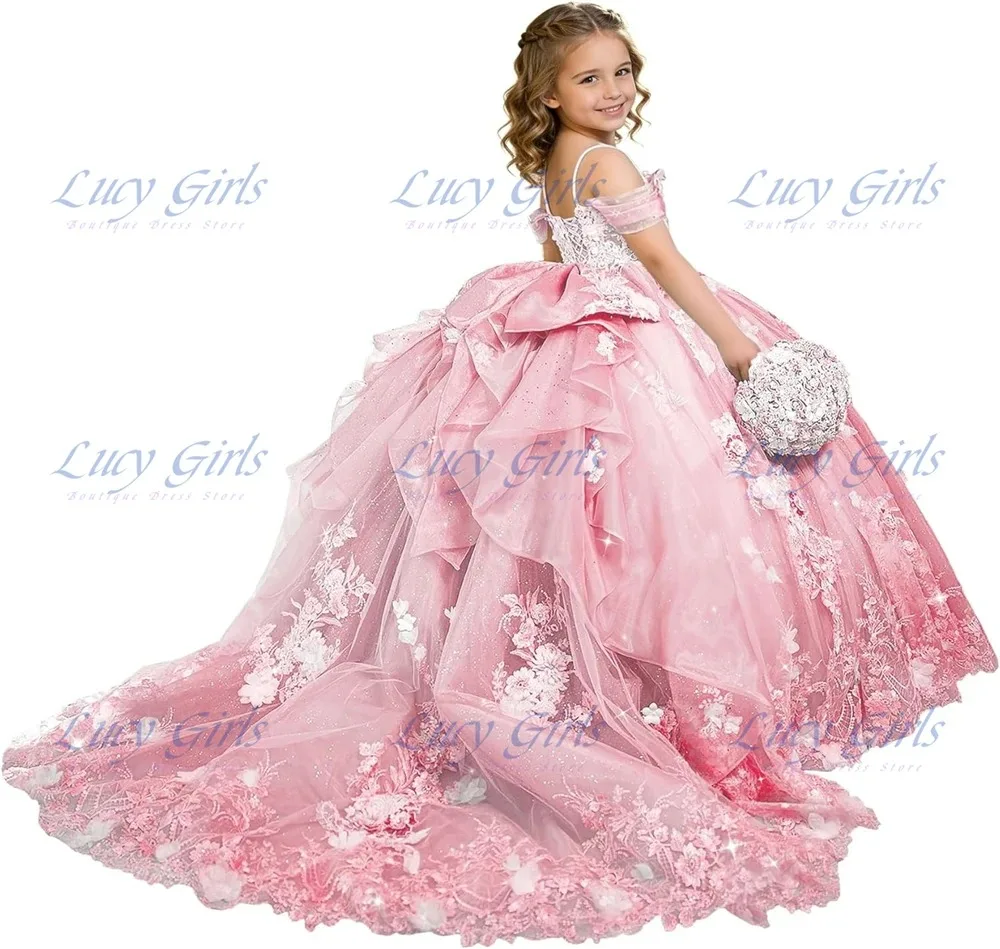 

New Luxury Flowers Lace Flowers Girl Dress with Appliques Beaded Girls Pageant Dress with Bow Ruffle Ball Gown Dress for Girls