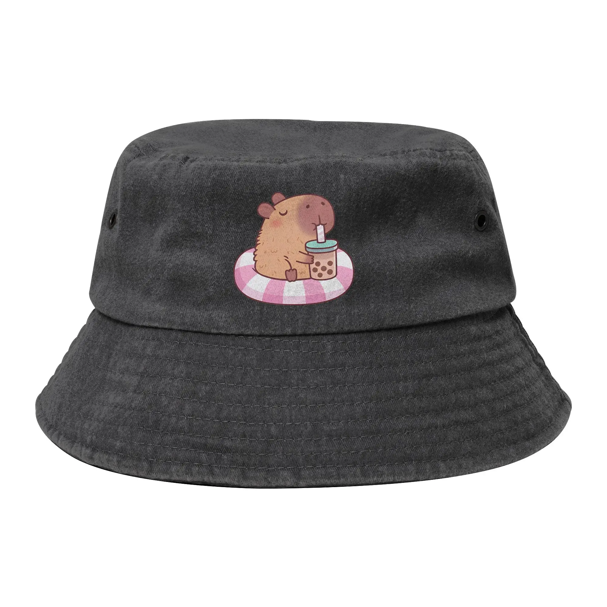 Cute Capybara On Pool Float Drinking Bubble Tea Bucket Hat for Unisex Beach Distressed Washed Sun Hats for Outdoor Fishing Hats
