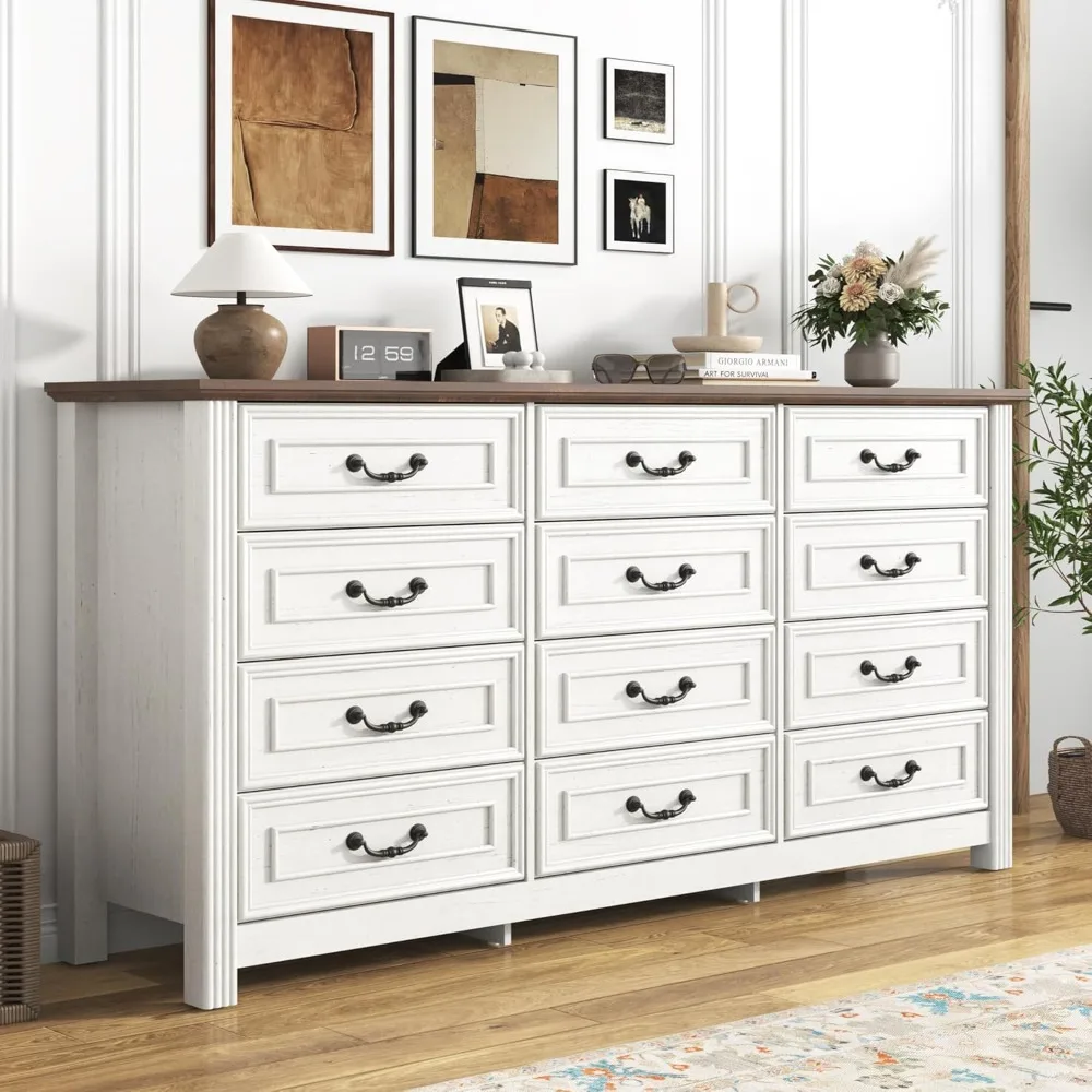 Farmhouse 12 Drawer Dresser for Bedroom, 63” Wood Dresser & Chest of Drawers with Rustic Handles,Living Room, Hallway