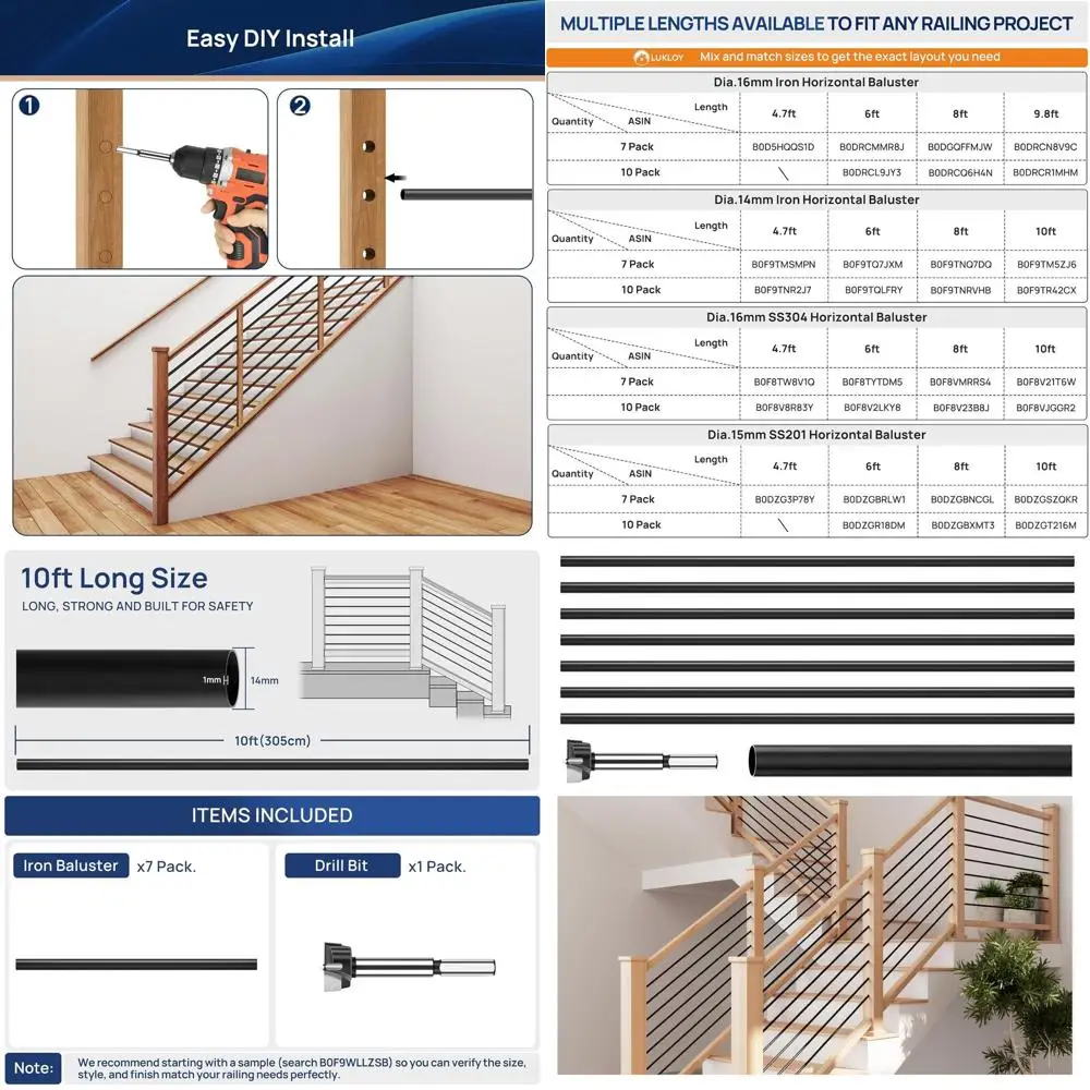 

Матовые черные железные балясины (7 шт.) 10 T x 35/64 для внутренних лестничных ограждений, в комплекте сверло по дереву 14 мм