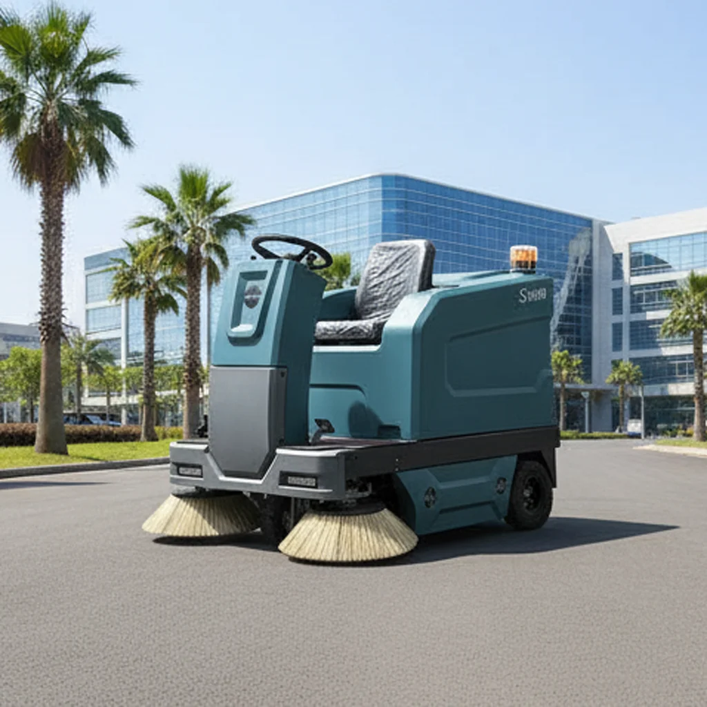 S1400 Electric Ride-On Floor Sweeper High Pressure Cleaning Lead-Acid Battery 800W 3-4h Indoor Exhibition