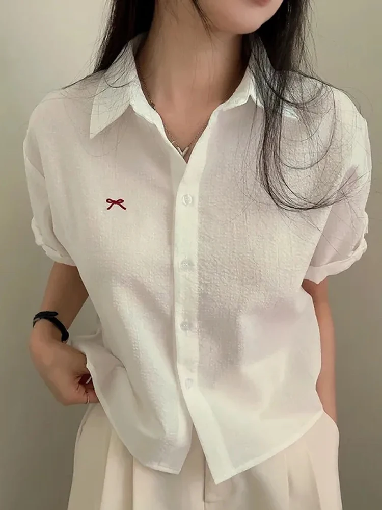 Women's Summer Stripe irt Embroidered  Knot ort Sve Single Button High-End Feel Top Quali Faionable