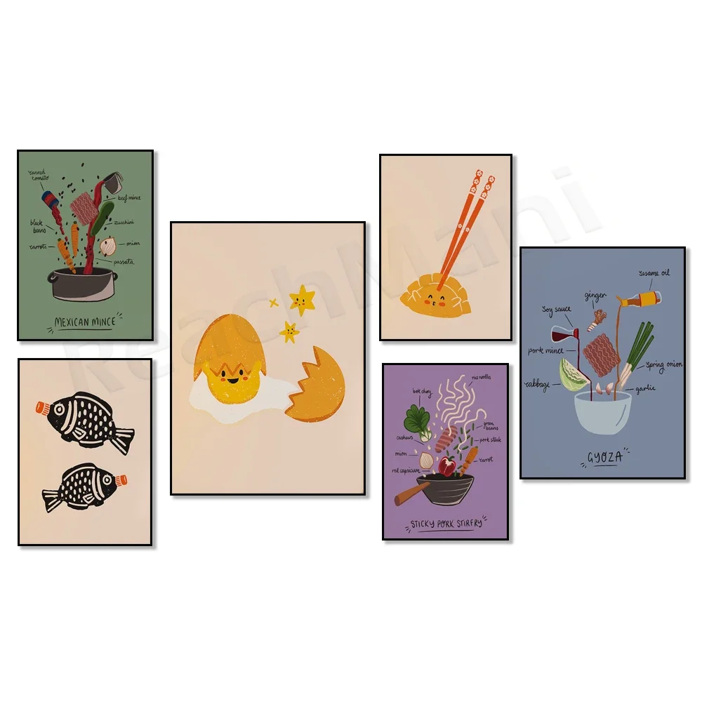 Linda arte alimentario de albóndigas, huevos y pescado en salsa de soja, arroz glutinoso frito, carne picada mexicana, cartel de receta de dumplings