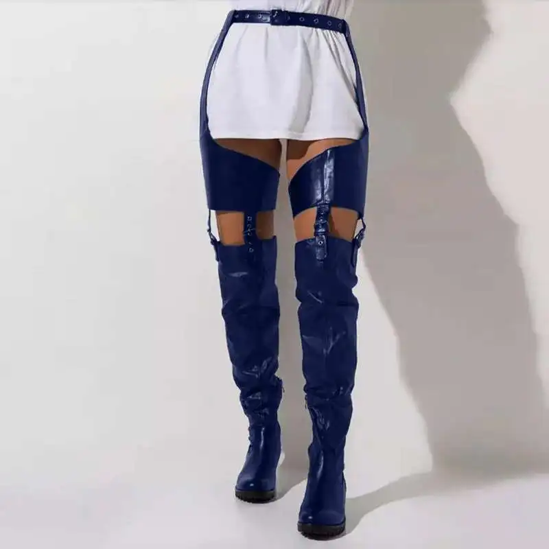 Black Low Heels Belt Thigh High Boots For Women Pu Leather Over The Knee Boots