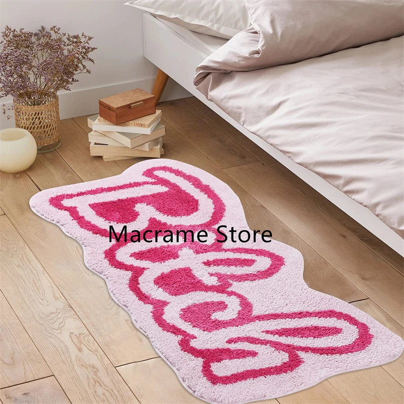 Ins Girl's Pink Letter Flocking Carpet Special-Shaped Bedroom Bedside Carpet Household Absorbent Non-Slip Bay Window Mat