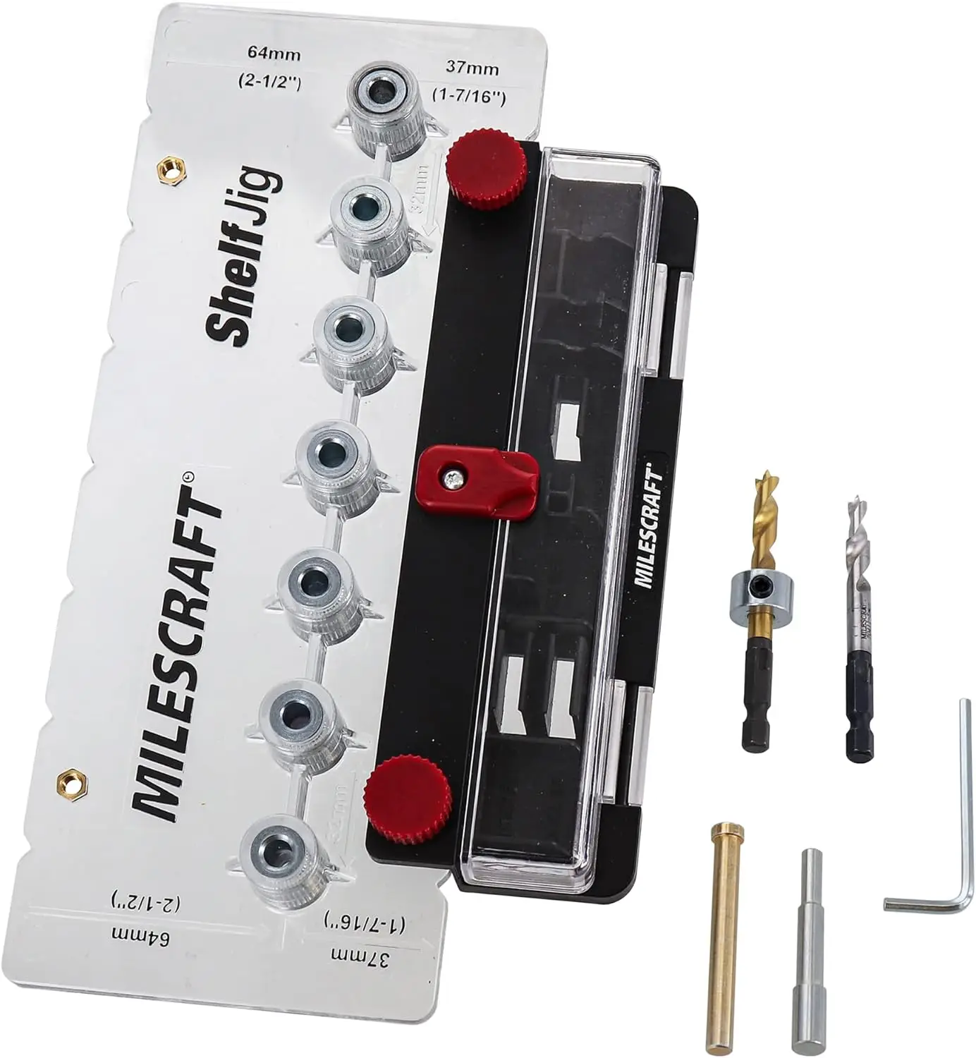 

Shelf Pin Jig for Cabinets - Create 1/4 in. & 5mm Holes with Standard 32mm Spacing, Includes Two Drill Bits