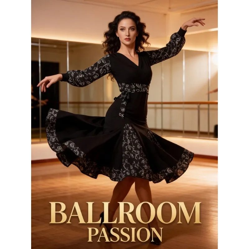 Women Elegant Sexy V-neck Floral Stretch Latin Dance Midi Dress S-3XL Adult Ballroom Training Competition Performance Costume
