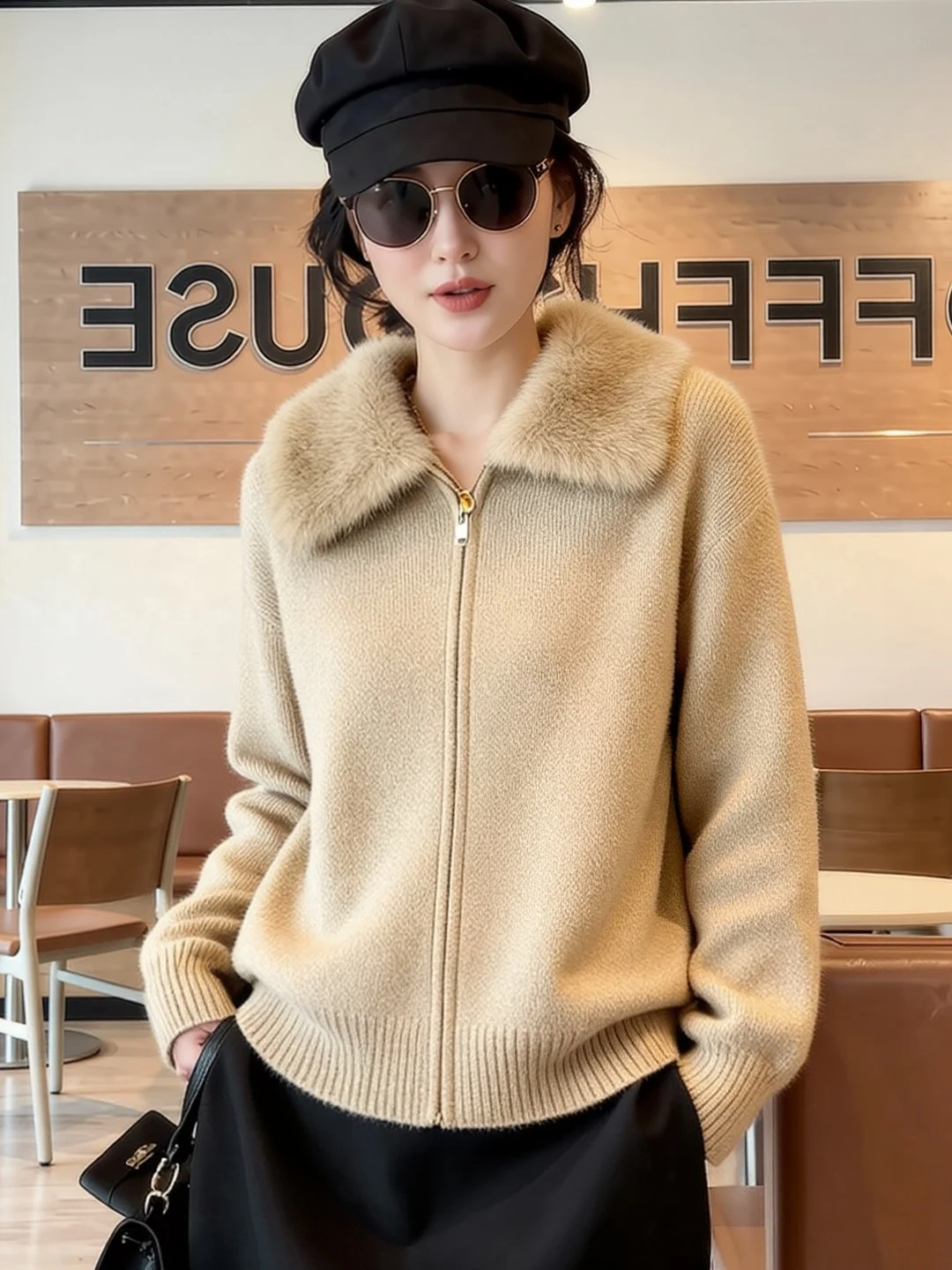 

Winter 2025 New mat High-End Feel Knitted Sweater Coat Women's Zipper Layering Wool Collar Faionable Personali