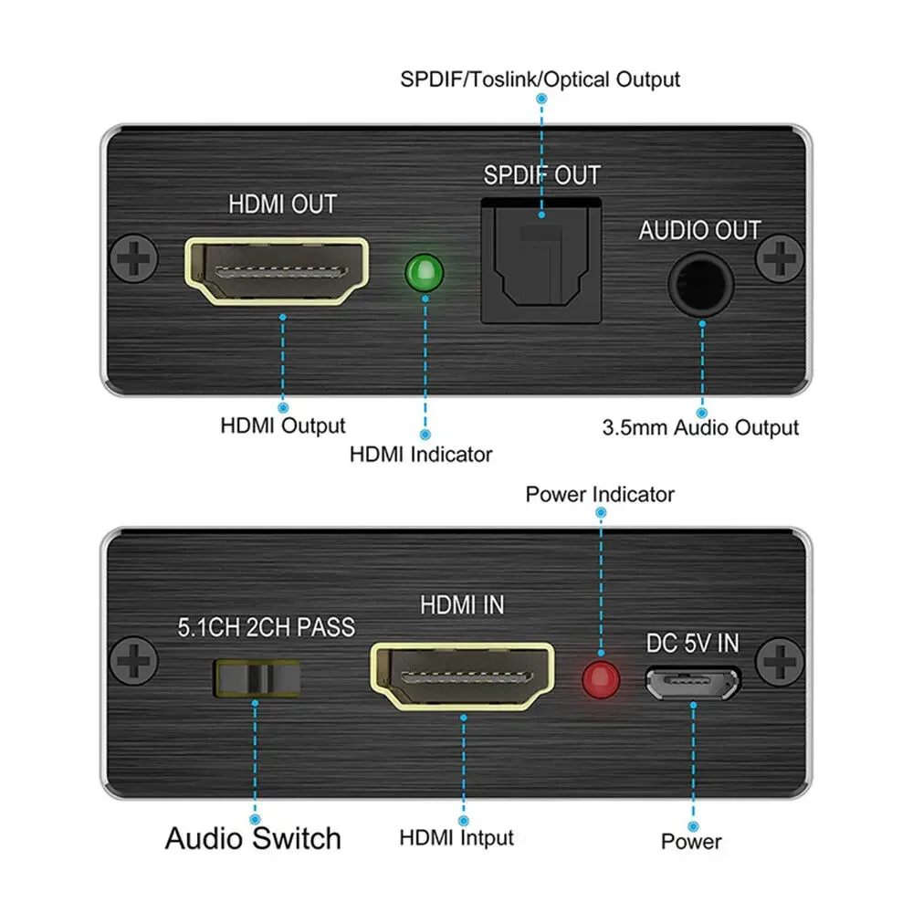 4K * 2K kompatybilny z HDMI stereofoniczny konwerter audio Extractor Adapter kompatybilny z HDMI na HDMI + optyczny SPDIF 3,5 mm dla PS4