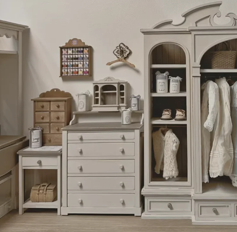 Restoration-Style Mini Set: Hand-Distressed Sideboard + Drawer Chest - Authentic 1:6/1:12 Cottage Core Furniture Kit