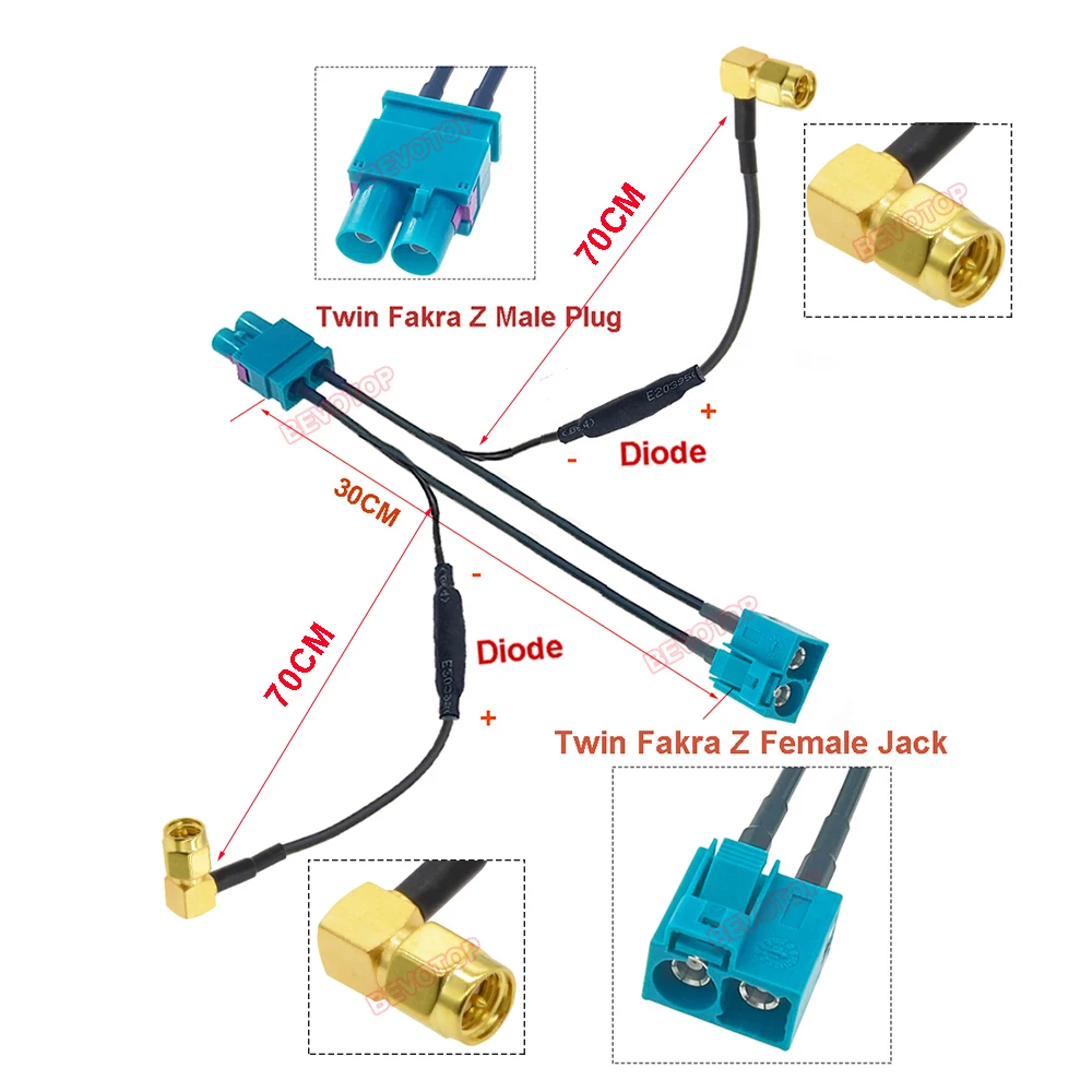 BEVOTOP Twin Fakra Z Male Female to 2 SMA Male Right Angle 90° Splitter cables With Diode Custom-made RF Coaxial Cable Jumper