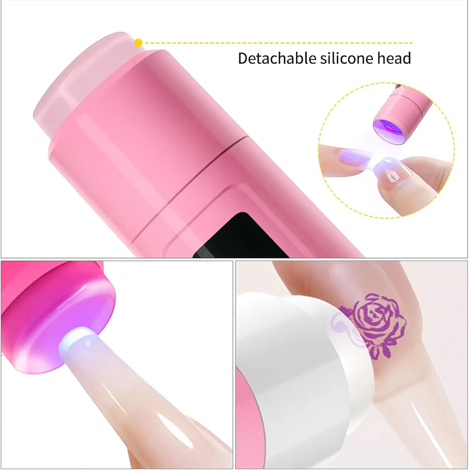 Portable UV Nail Lamp with Stand, 3W LED Dryer, Rechargeable USB, Silicone Stamper & LCD Display (Pink)