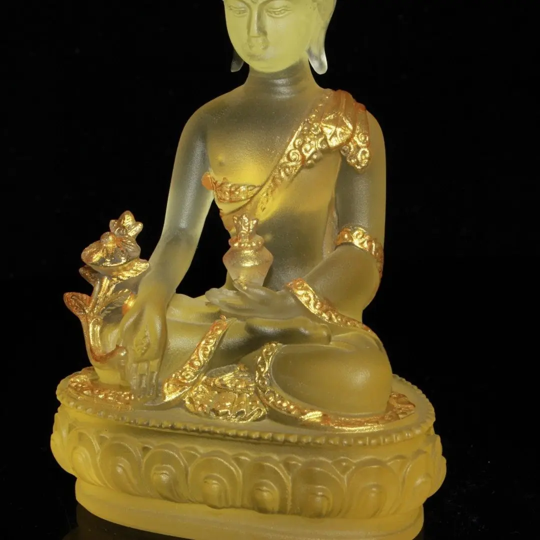 Vintage Early Collection CRYSTAL Gilt Colored Glaze Liuli Lotus Base Sakyamuni Buddha Sculpture Decorative Collectible Statue view 4
